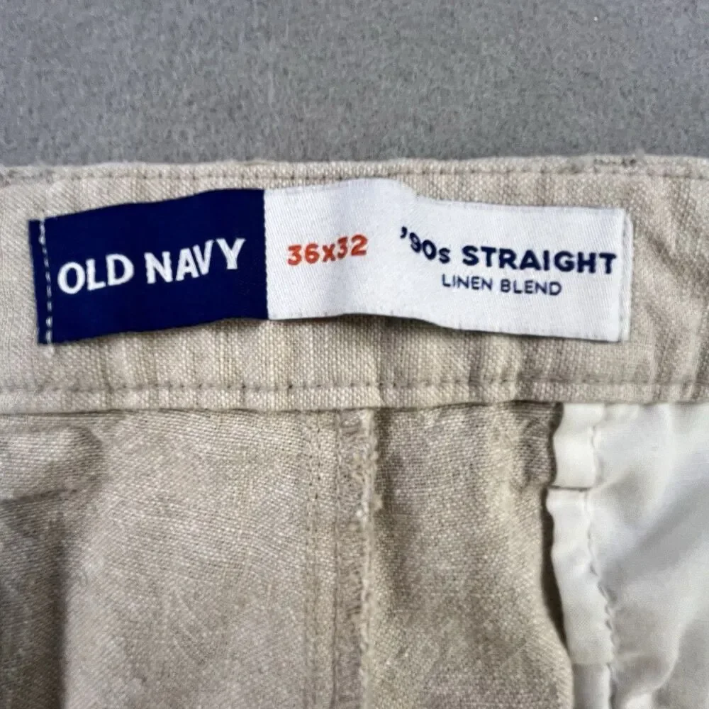 Old Navy 90's Straight Pants Men's 36x32 Sand Beige Linen Blend Khaki Beach